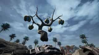 Beryl Nut bush, pictured floating against a blue sky in the Rocky Desert biome of Beryl Nut bush, pictured floating against a blue sky in the Rocky Desert biome of Satisfactory